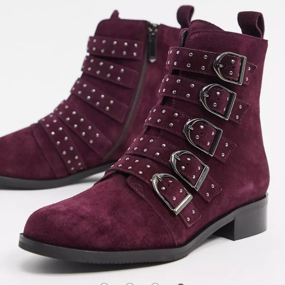 NWT Karen Millen bronte leather studded buckle boots in burgundy
